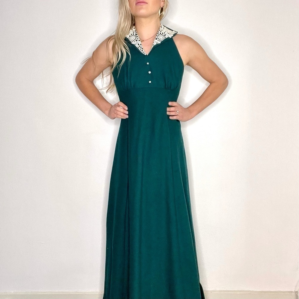 Vintage Green & Cream Lace Halter Top Maxi Dress S